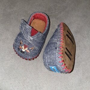 Toms Toddler Denim Moccasins with Fox Face and Red Accents - Blue